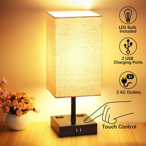 Touch Control Table Lamp, USB Table Lamp, 3 Way Dimmable Bedside Lamp with 2 Fast USB Charging Ports and 2 AC Outlets, Modern Desk Lamp Nightstand Lamp for Bedroom Living Room, LED Bulb Included,Black